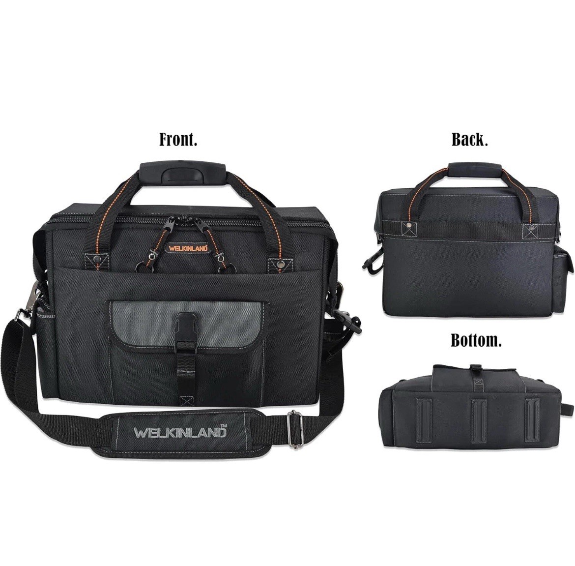 WELKINLAND 15-Pockets Electrician Tool Box Bag, Large – Open Black Orange