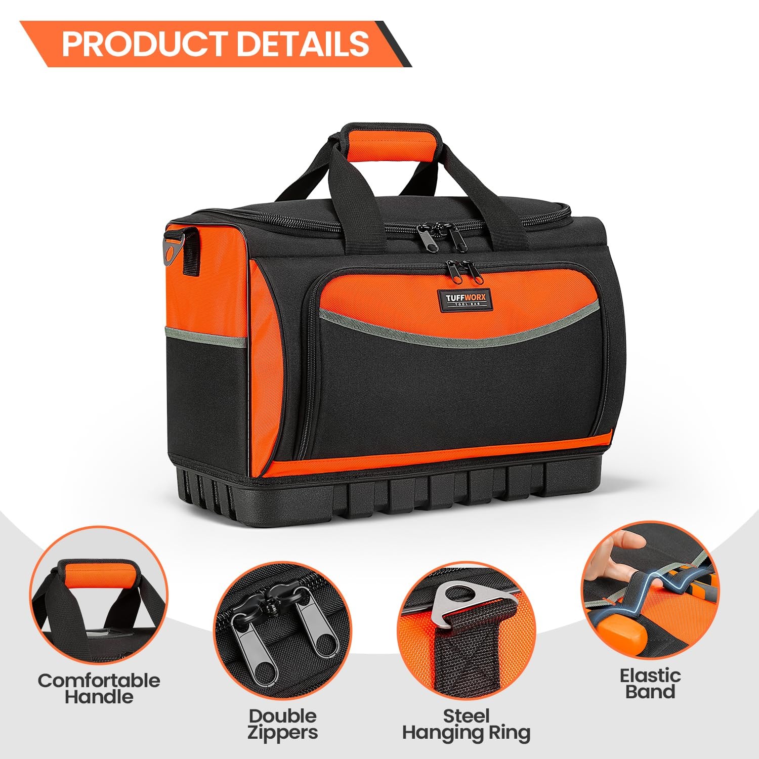 Large Tool Bag 17.7×12.6×11 Inch Waterproof Molded Base 18 Pockets 600D