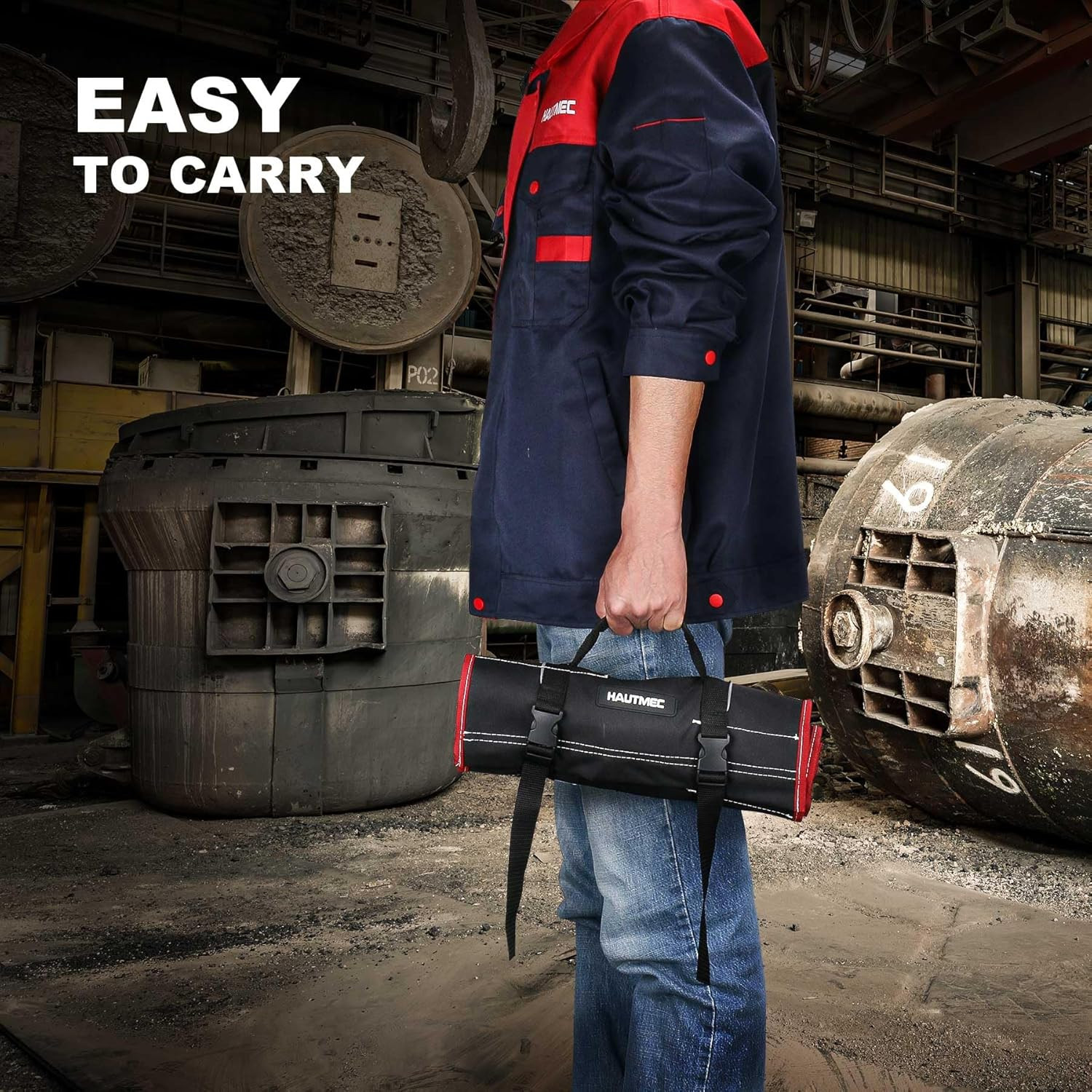 Black Tool Roll Organizer Bag Heavy Duty Water Resistant 600D Polyester
