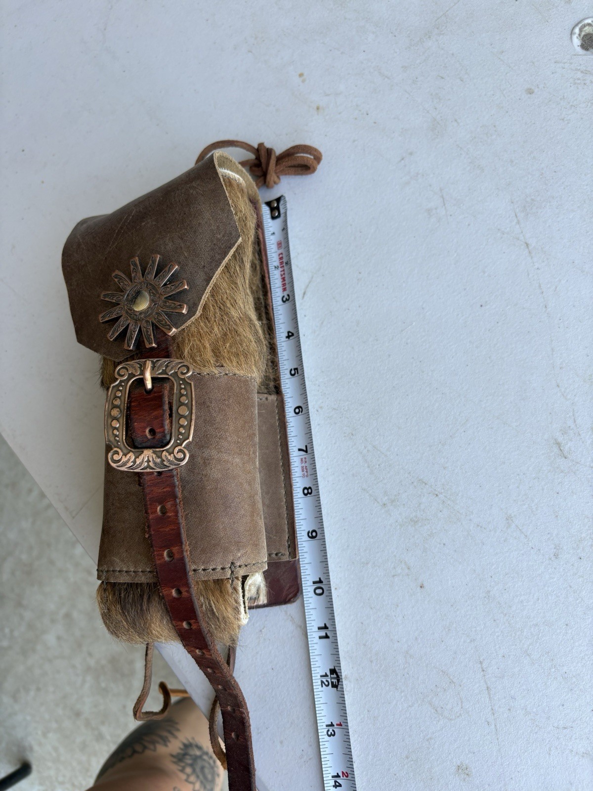 Brown Leather Water bottle Belt Loop Buckle Strap Concho Hair-On Hide 4×11″