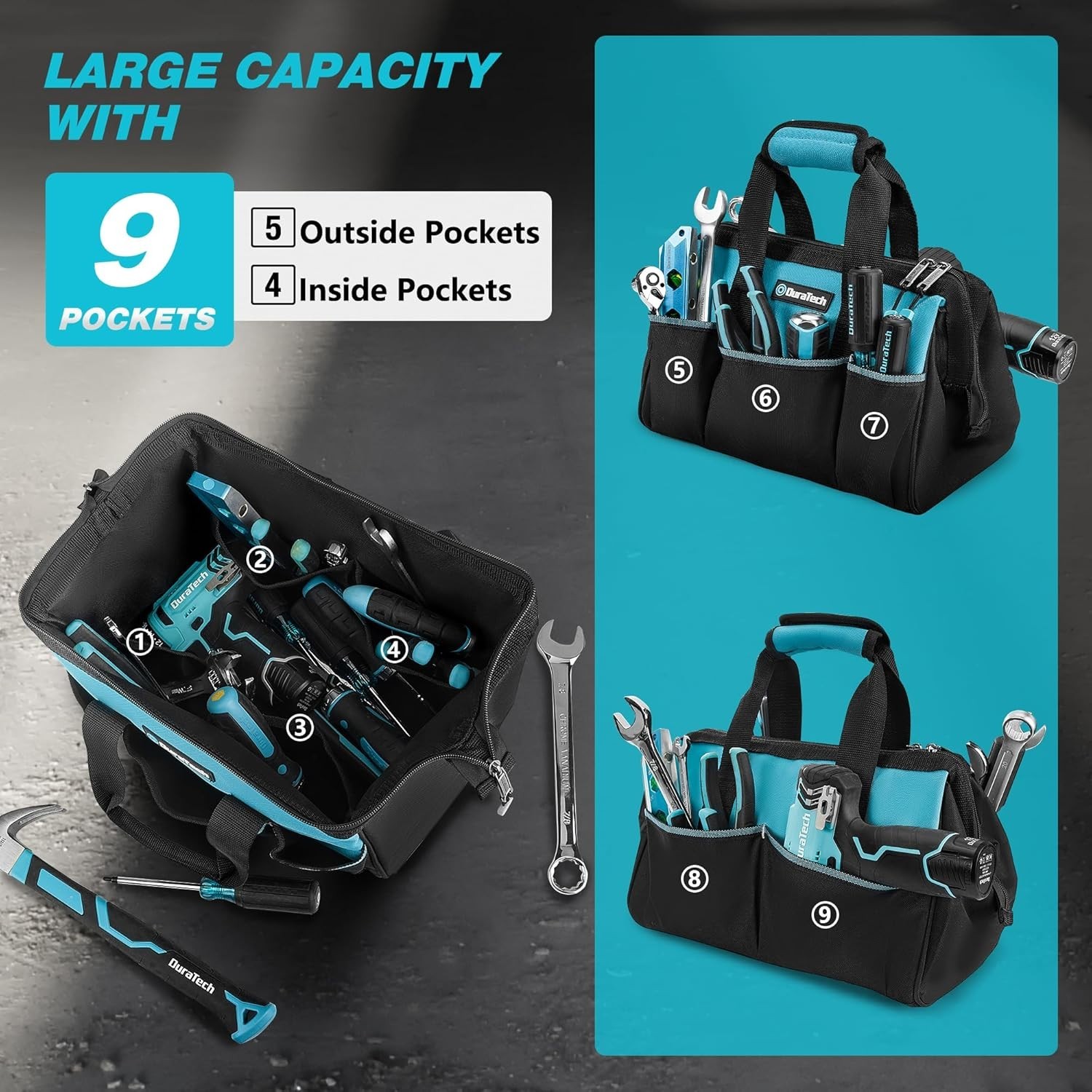 DURATECH 13-Inch Small Tool Bag with 9 Pockets, Tool Bags for Men Women, Toolbag