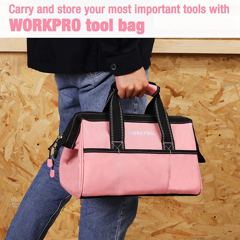 WORKPRO 13″ Tool Bag Pink Soft Cloth Tool Storage Bags Wide Mouth Tool Tote Bag