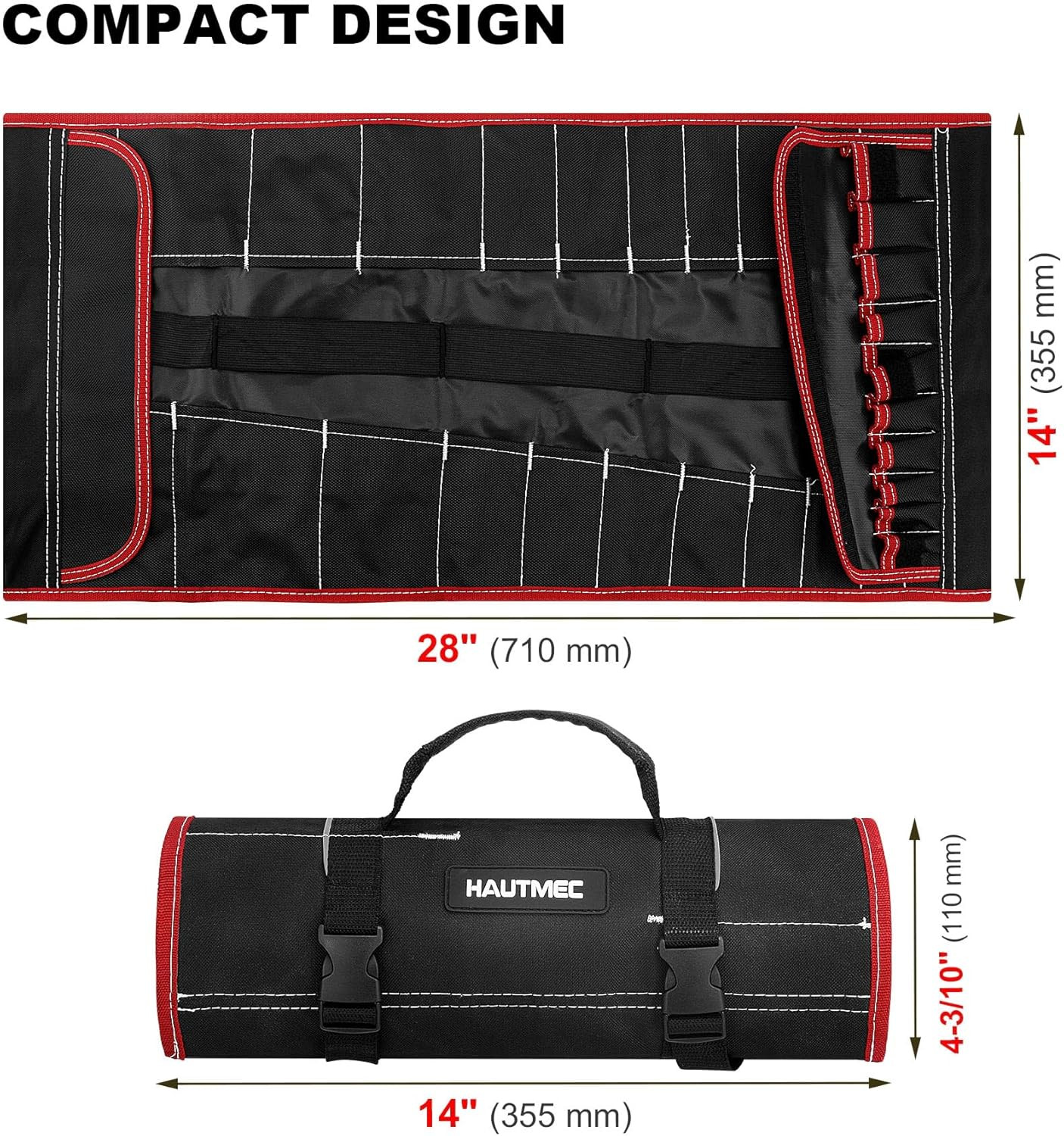 Black Tool Roll Organizer Bag Heavy Duty Water Resistant 600D Polyester