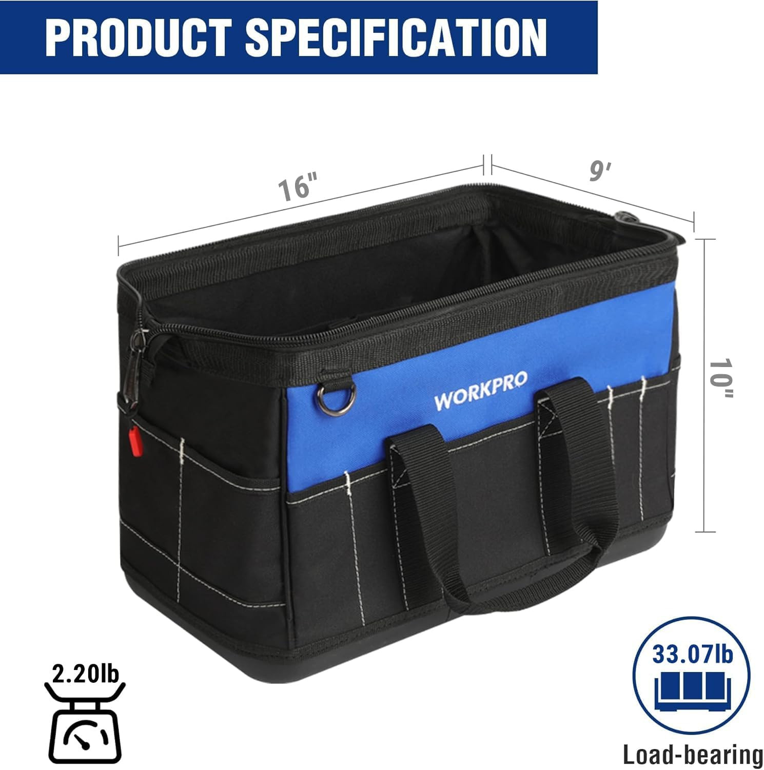 16-Inch Wide Mouth Tool Bag with Water Proof Molded Base | Heavy Duty Cloth Tool