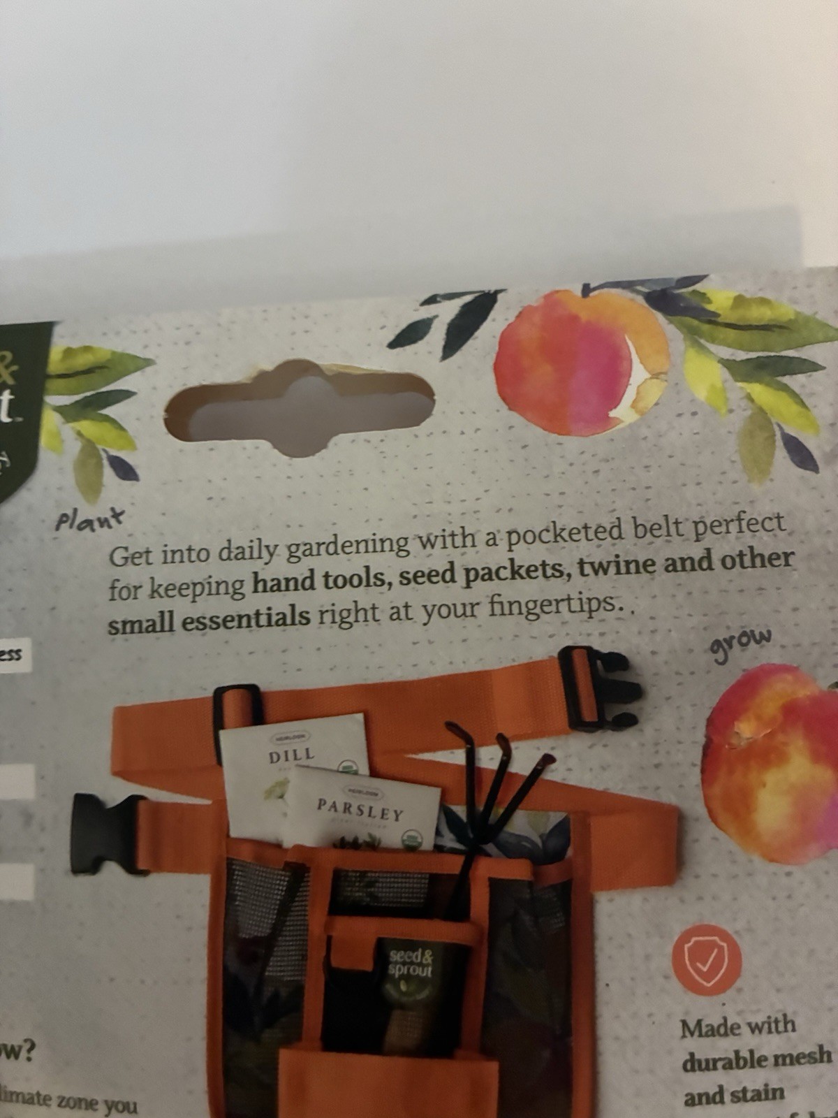 Seed & Sprout Gardening Tool Belt, Durable Mesh, Pockets , Util. Conn, Peach