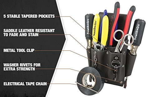 Southwire POUCH4 Leather Tool Pouch; 5 Pocket Pouch with Electrical Tape Chain;
