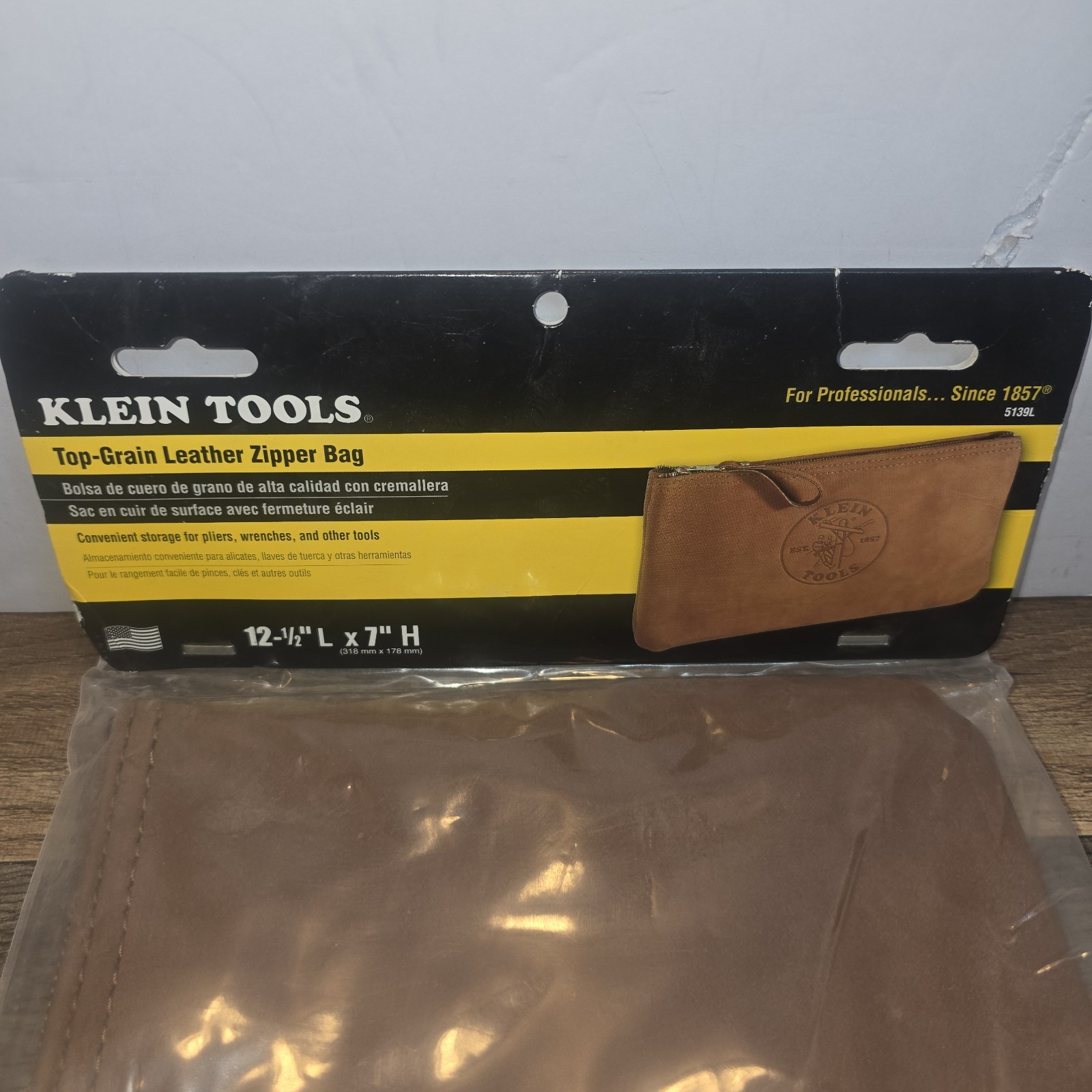 KLEIN TOOLS 5139L Tool Bag,Leather,General Purpose Medium, Zipper, Zip Pull Loop