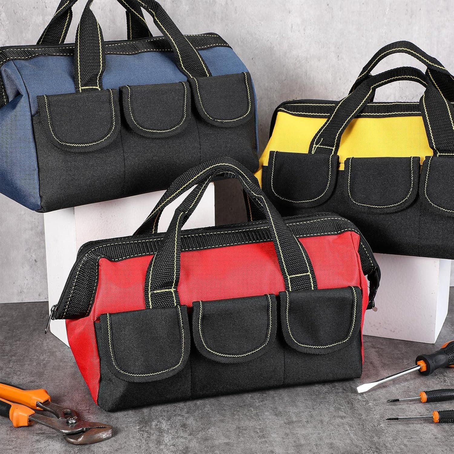 Heavy Duty Tool Tote Bag with Hard Bottom, 3 Pack