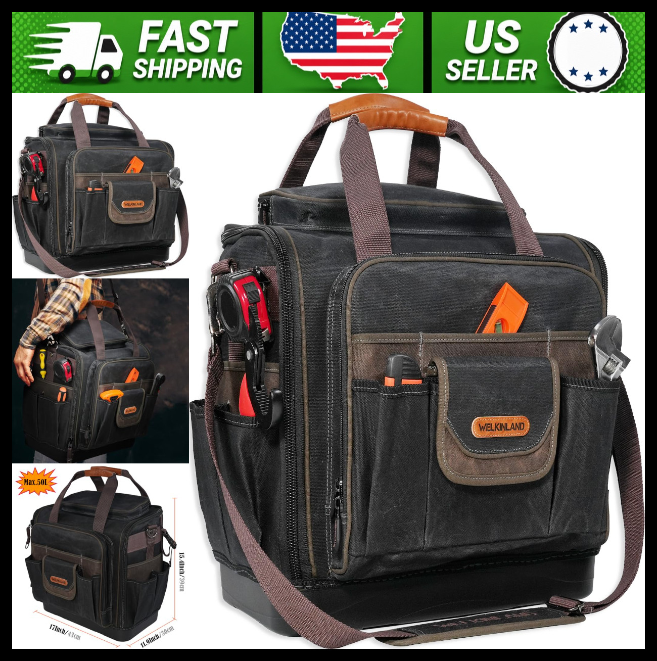 WELKINLAND 54-Pocket Electrician Tool Bag Waterproof Waxed Canvas Hard Bottom