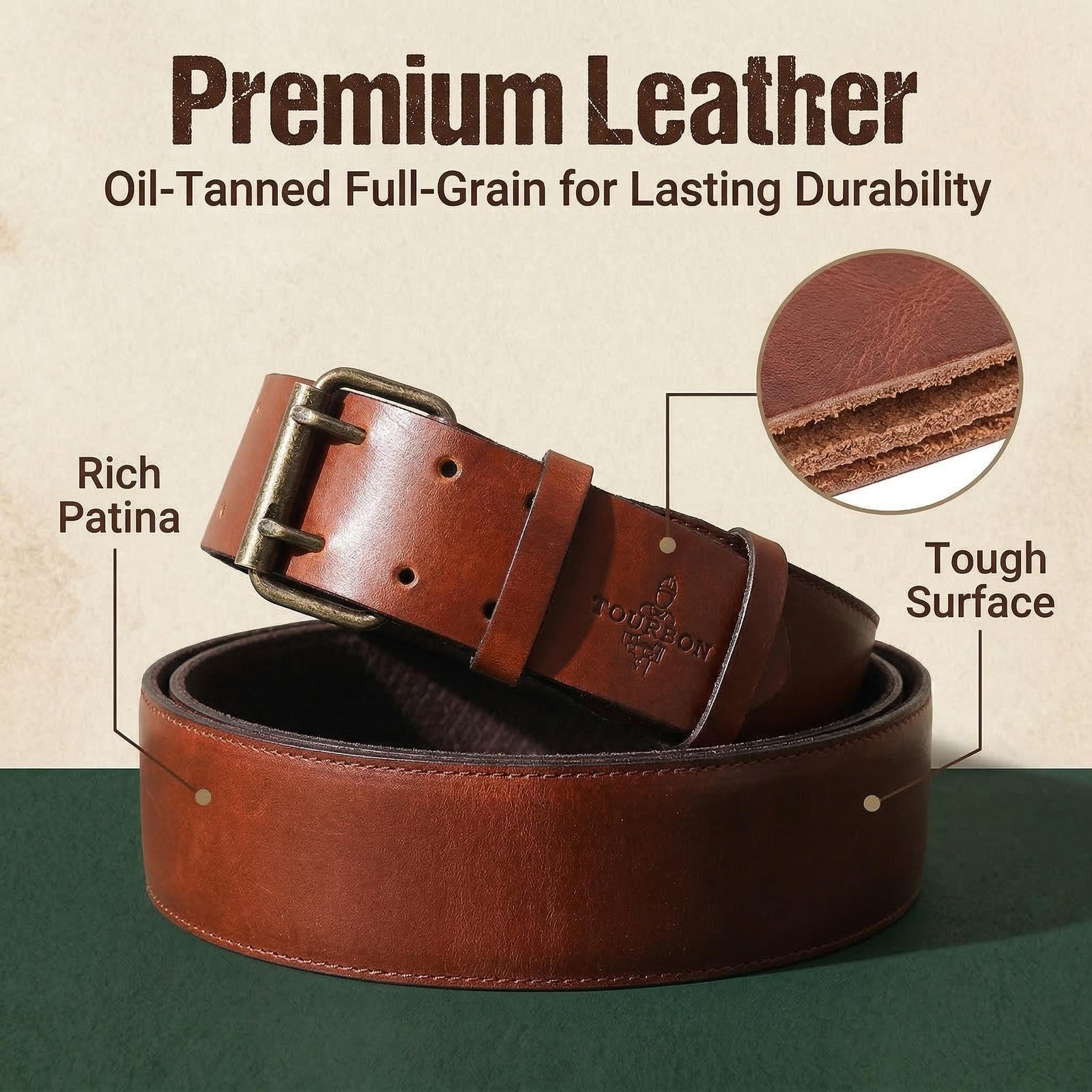 TOURBON Leather 2in Wide Men Tool Belt Rig Holster Belt Double Pin Roller Buckle