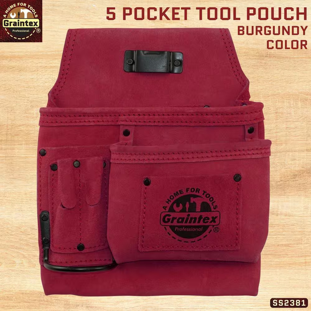 5-Pocket Right Handed Suede Leather Burgundy Nail and Tool Pouch