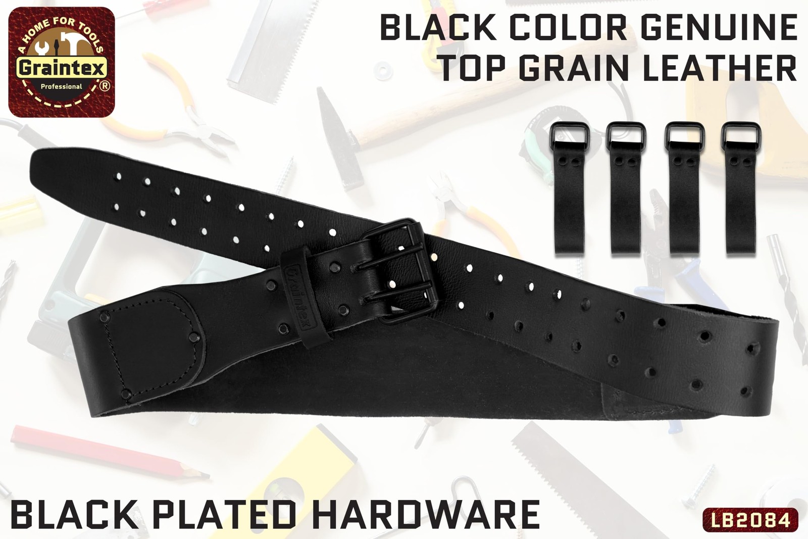 LB2084 2.3/4” Top Grain Leather Belt With 4 Suspender Hooks Black Color for F…