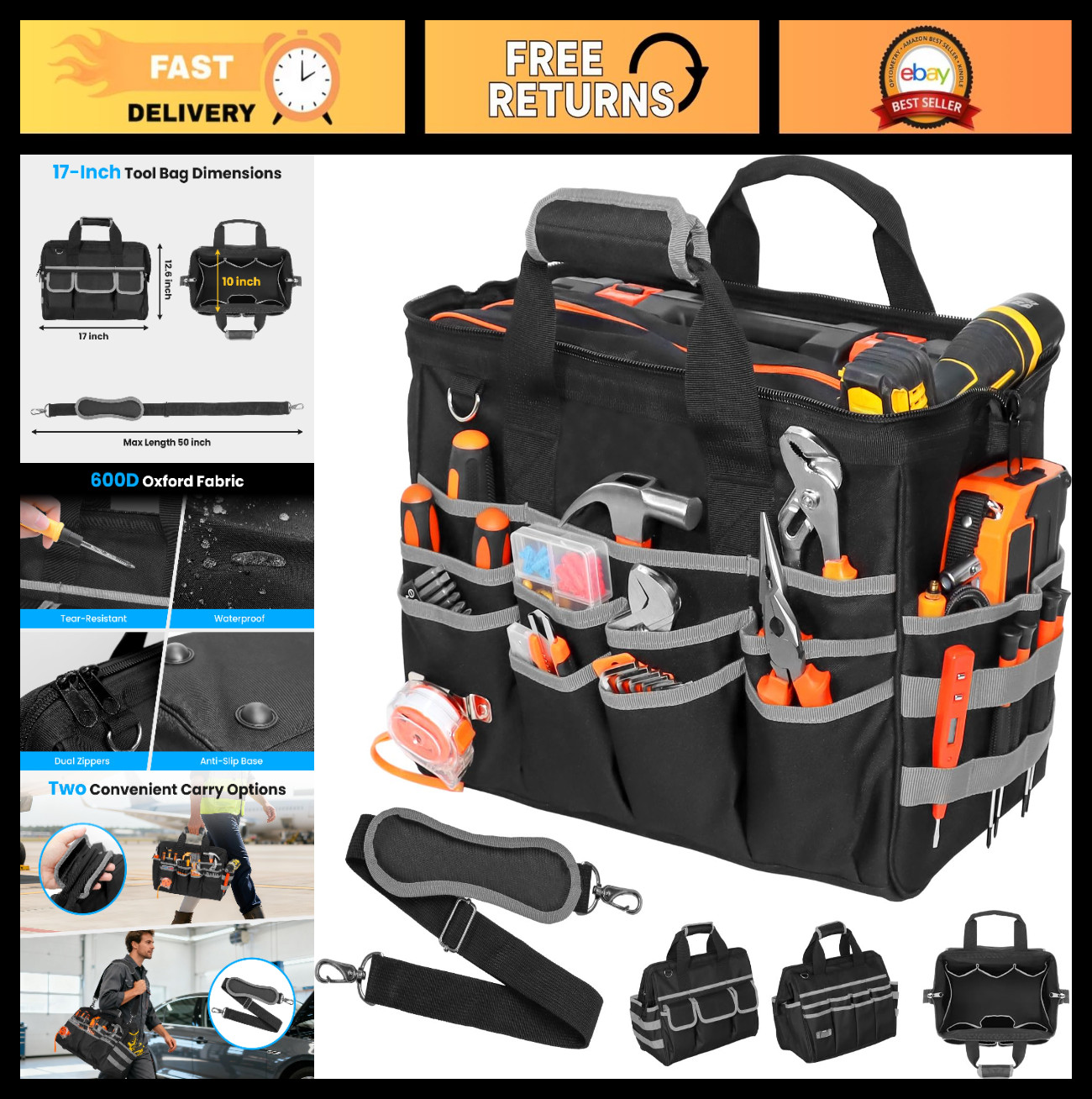 Heavy Duty 17″ Tool Bag – Waterproof Multi-Pocket Organizer with Adjustable Stra
