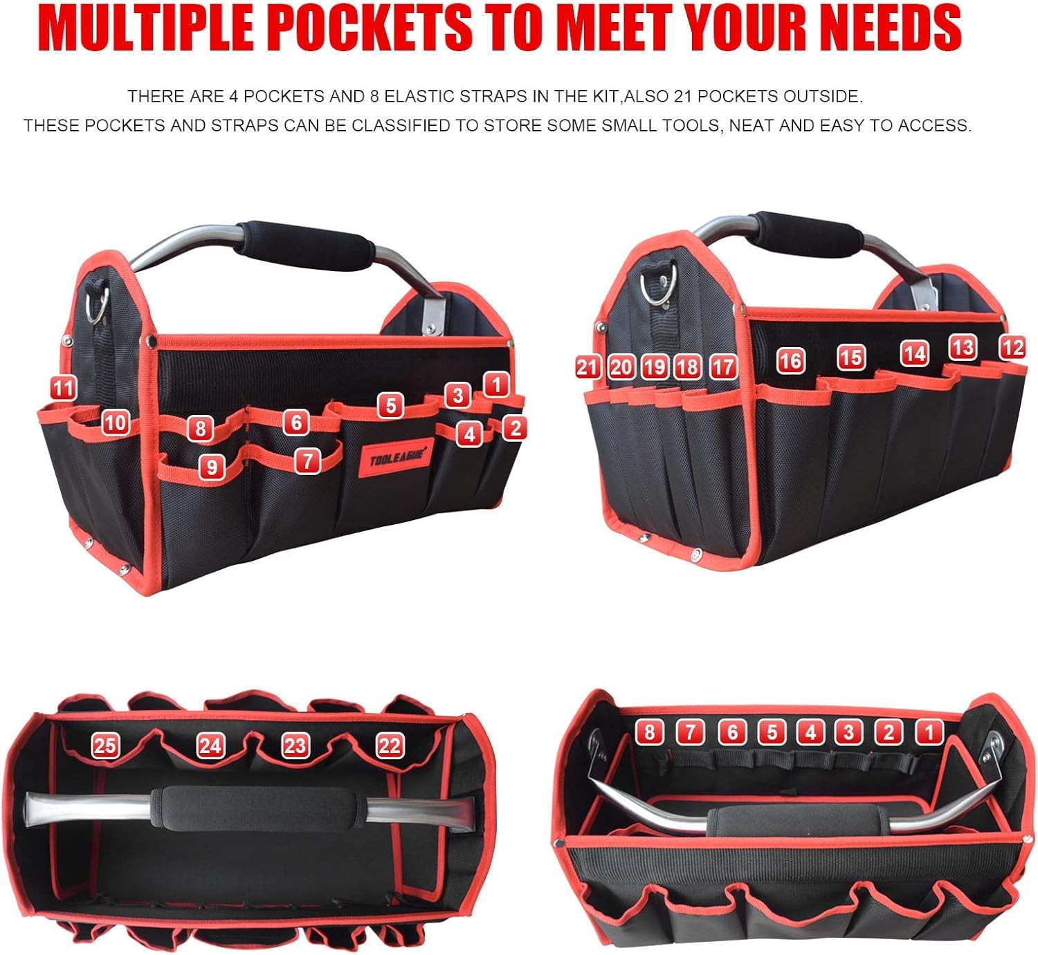 TOOLEAGUE 19in 25 Pocket 1680D Heavy Duty Tool Bag Molded Base