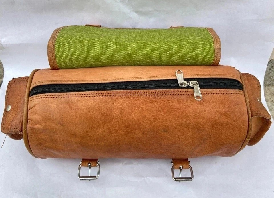 Goat Leather Motorcycle Tool Bag Vintage Strap Buckle Closure Brown Genuine