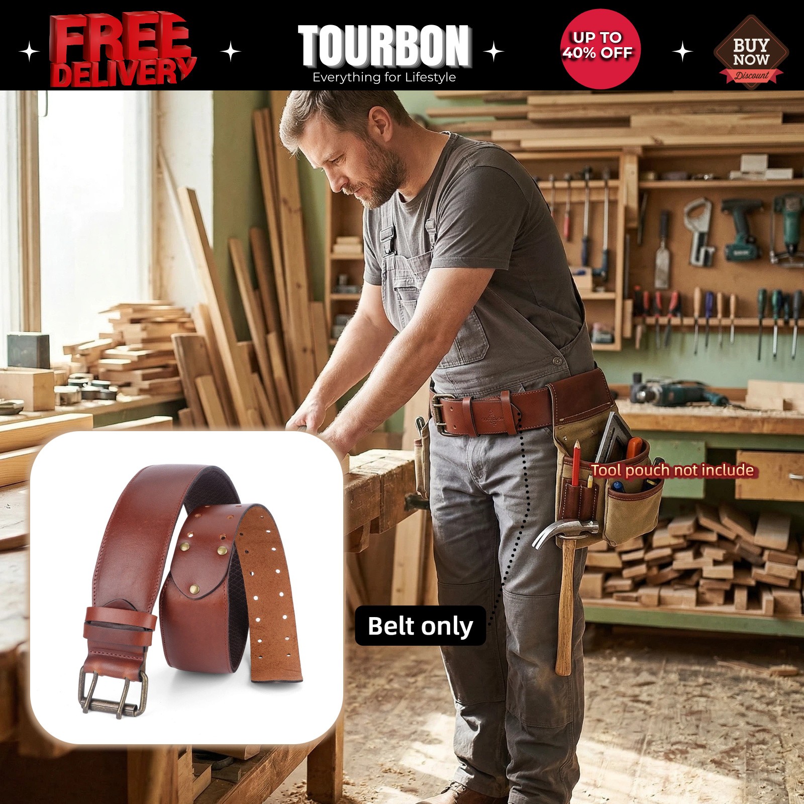 TOURBON Leather 2in Wide Men Tool Belt Rig Holster Belt Double Pin Roller Buckle