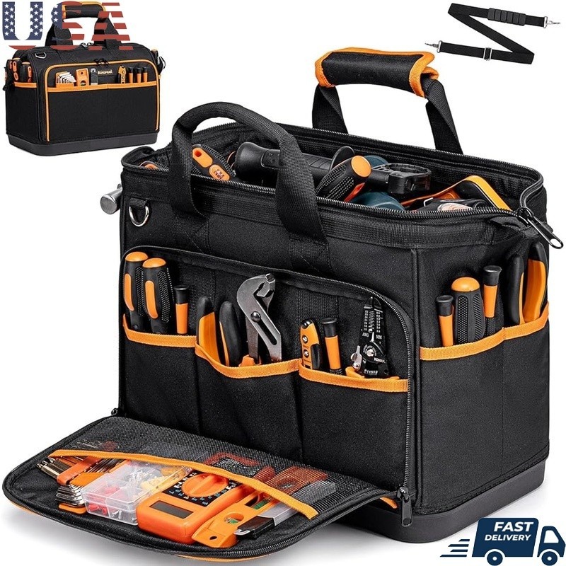 Heavy Duty Tool Bag 26 Pockets Waterproof Organizer Wide Open Design Crossbody