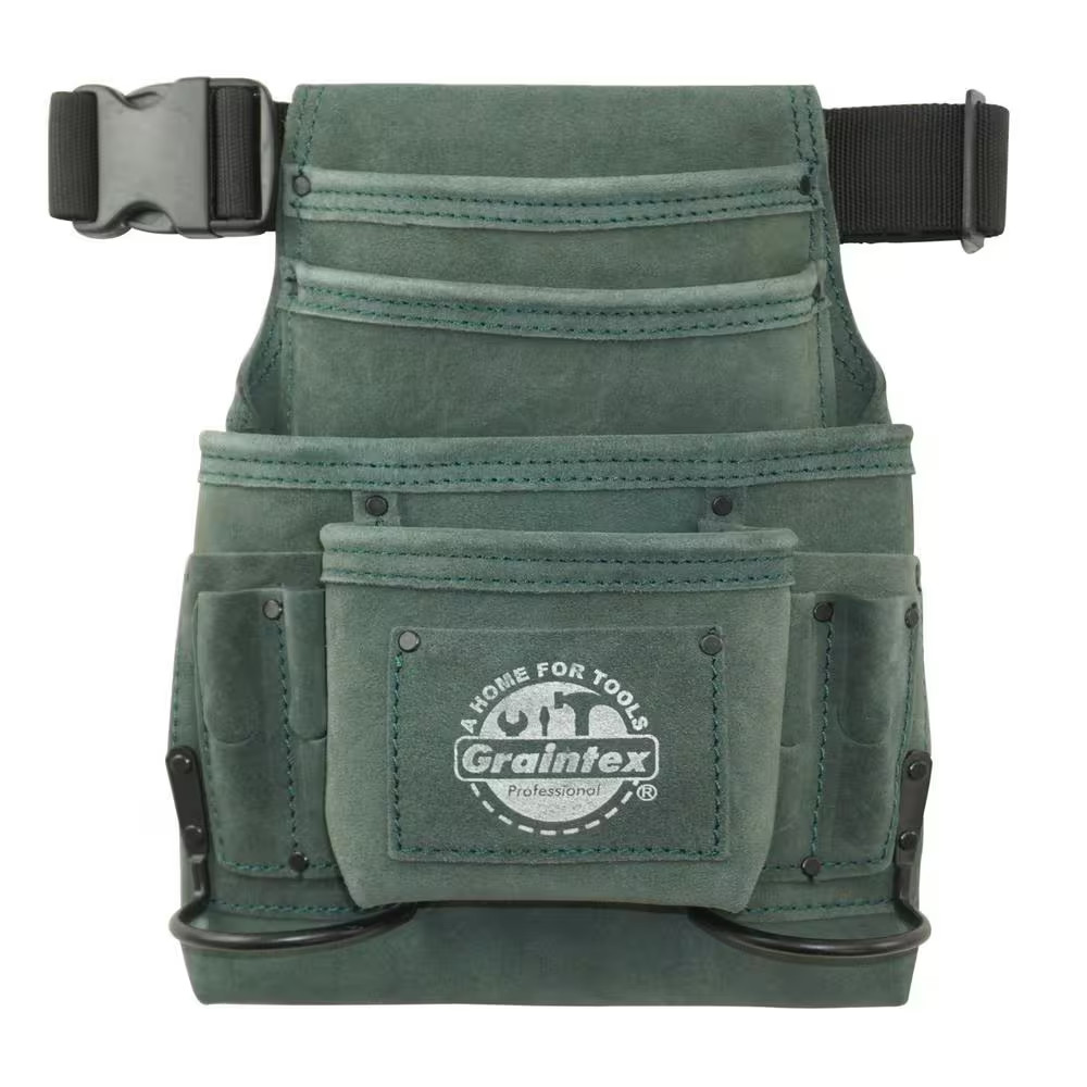 10-Pocket Nail and Tool Pouch with Belt Hunter Green Suede Leather W/2 Hammer Ho