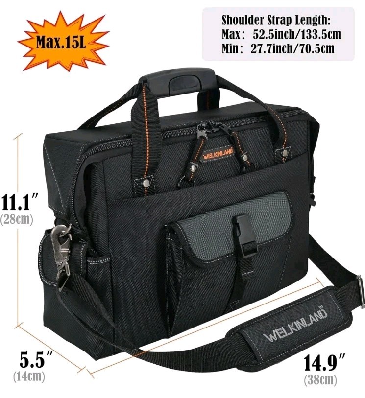 ✅ WELKINLAND 15-Pockets Electrician Tool Box Bag, Large – Open Black Orange ✅