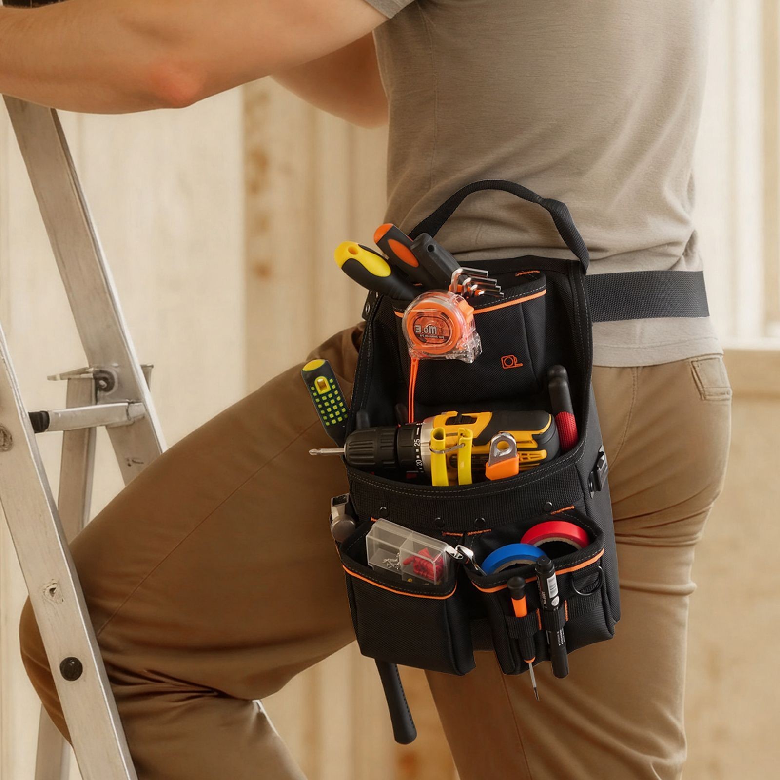 Heavy-Duty 14-Pocket Tool Belt, 600D Polyester, Waist 32-50in for Electricians