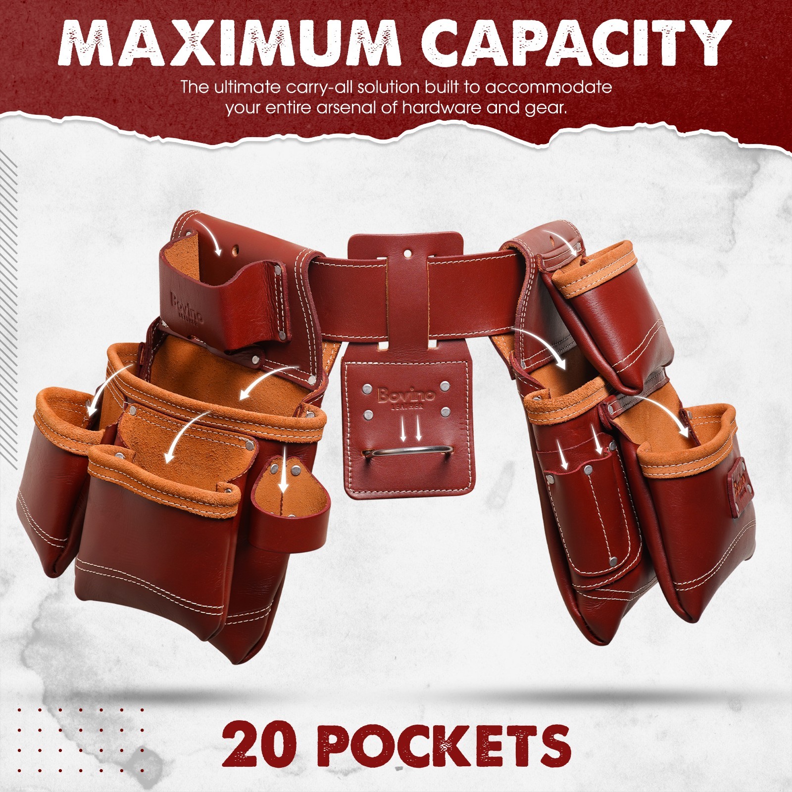 Bovino Leather Tool Belt, 20 Pocket Framers Pouch, Dual Pouches, Hammer Holder