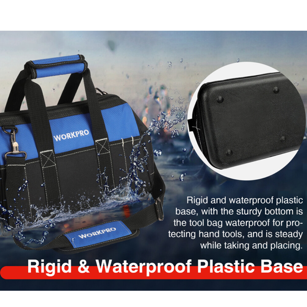 16″ Wide Mouth Tool Bag Water Proof Molded Base Pockets Tool Storage Organizer