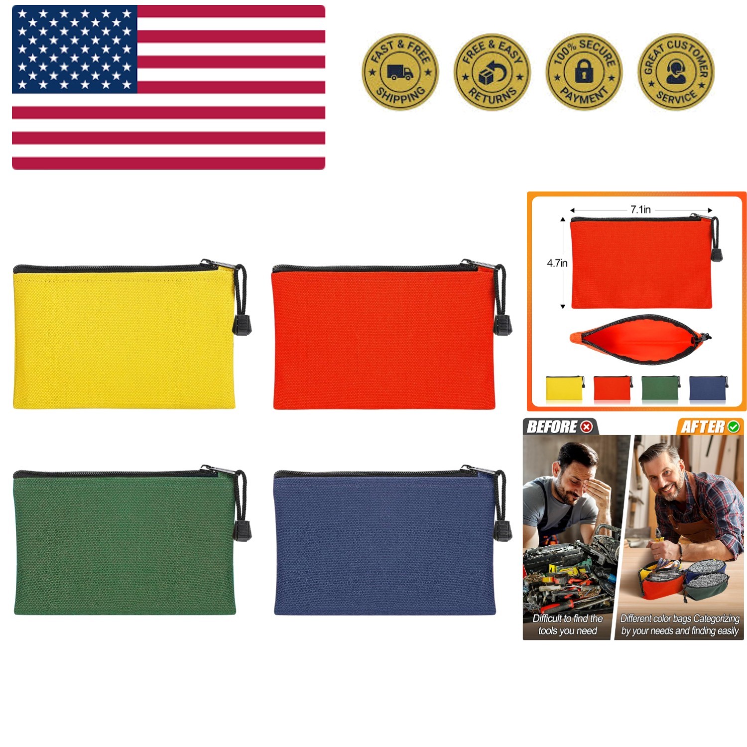 7»x4.7» Canvas Tool Bags Pouches – 4 Pack Heavy Duty Zipper Pouch Set, Mult…