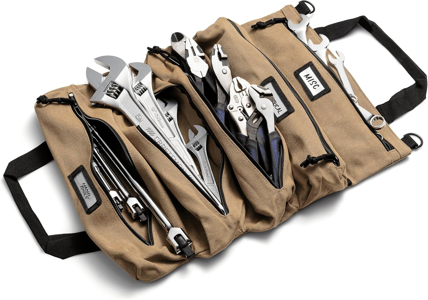 Voyager Durable Canvas Tool Roll Bag – 5-Pocket with YKK Zippers, Khaki