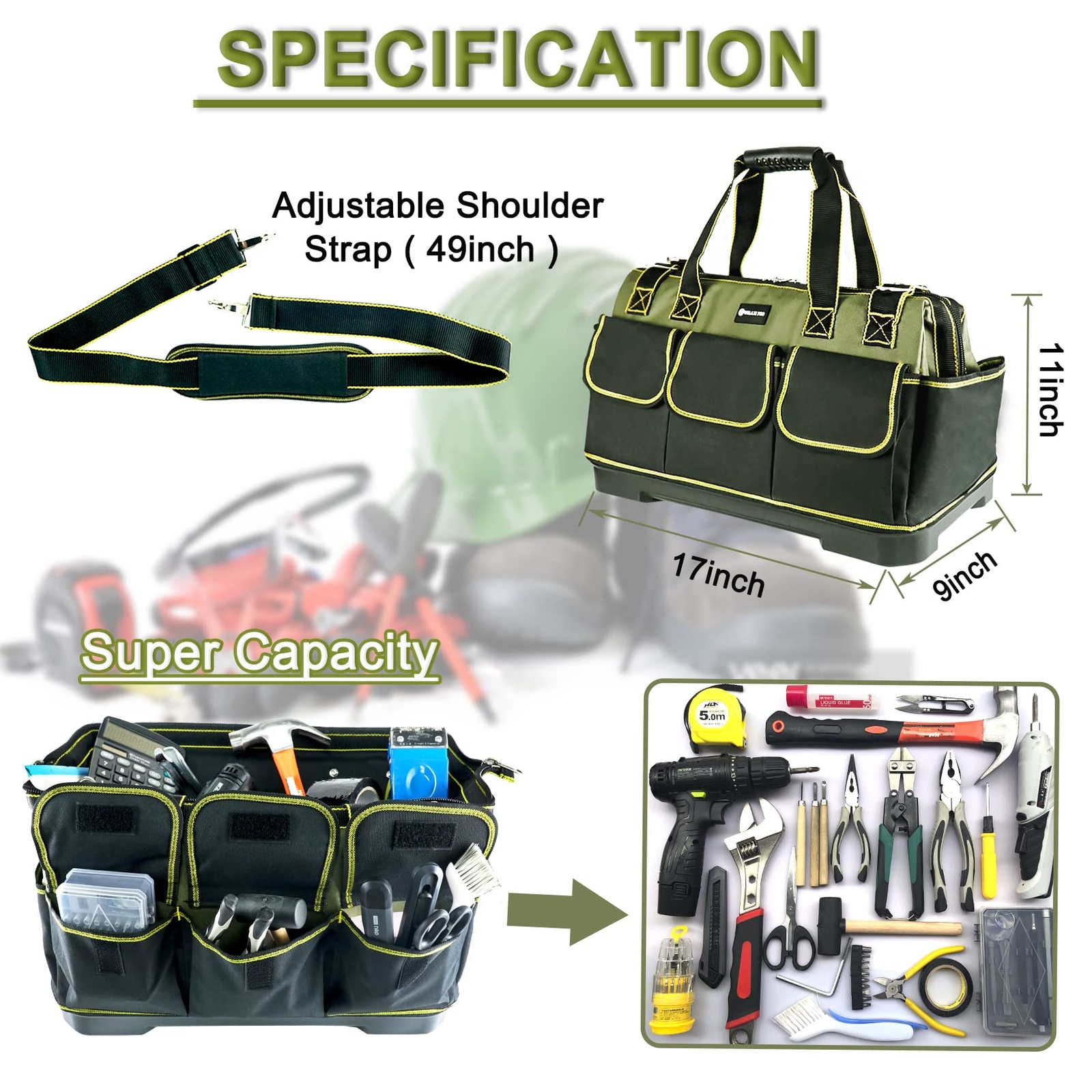 17in Tool Bag For Men Heavy Duty With Waterproof Molded Base High Capacity Wide