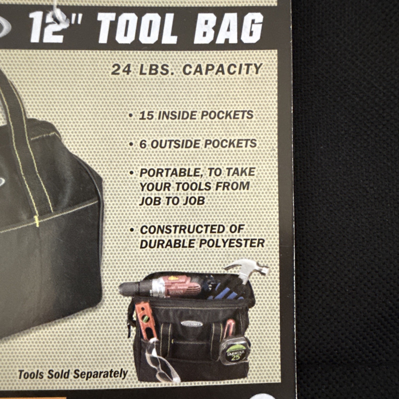 VOYAGER 12 in. Heavy Duty Tool Bag 21 Pockets 24 Lb Capacity Black #61467 NWT