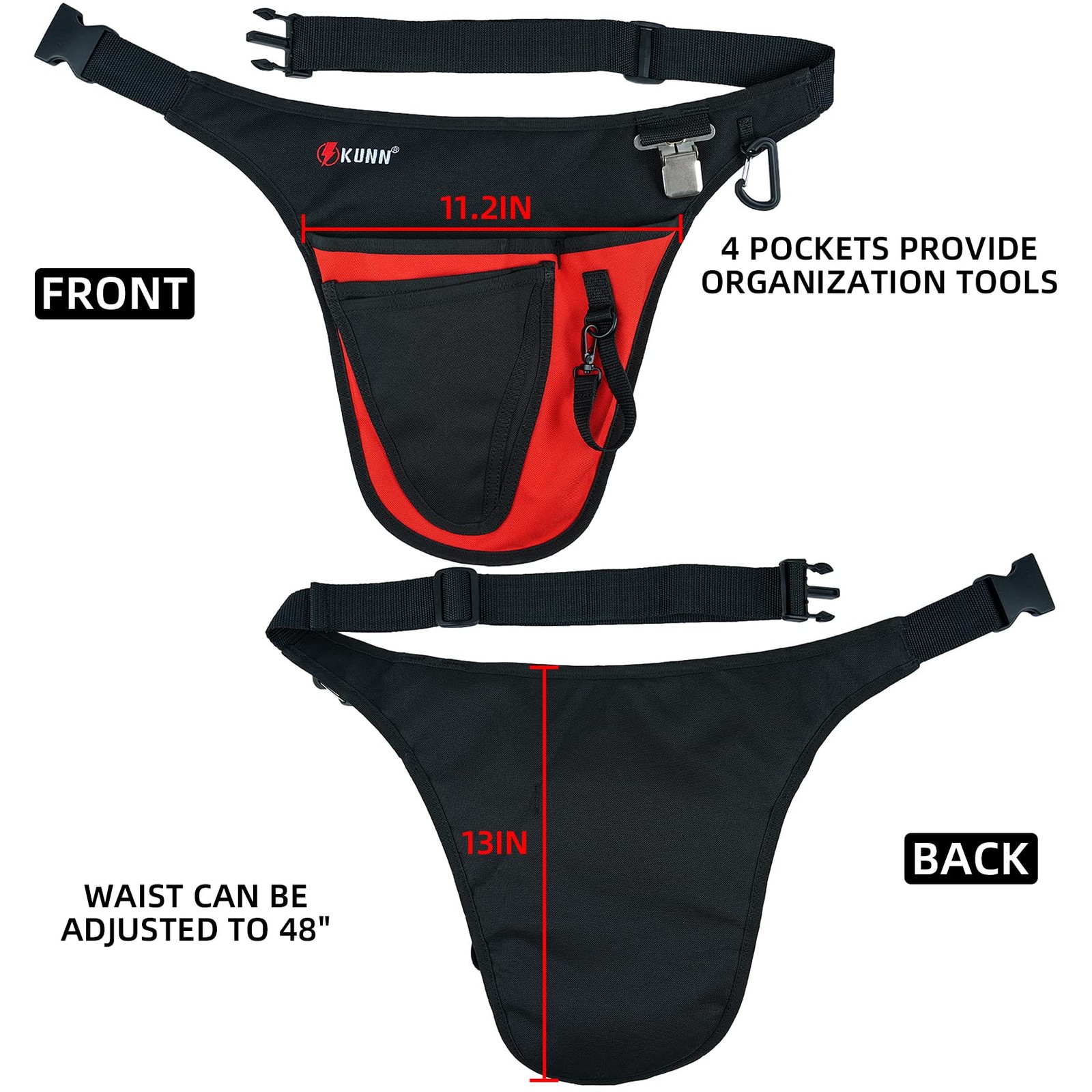Red Garden Tool Belt with 4 Pockets Durable Adjustable Waist Pouch for Gardeners