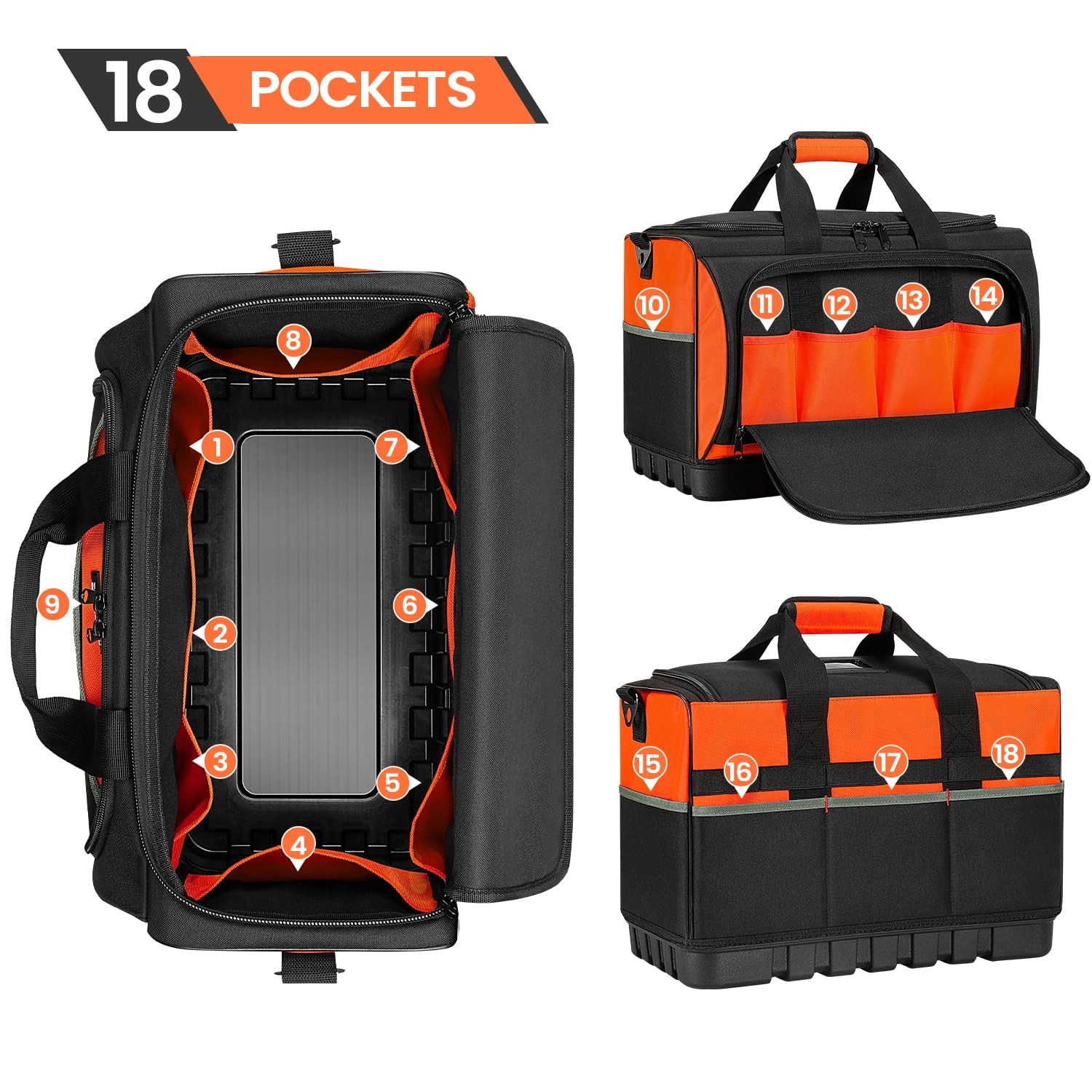 Large Tool Bag 17.7×12.6×11 Inch Waterproof Molded Base 18 Pockets 600D