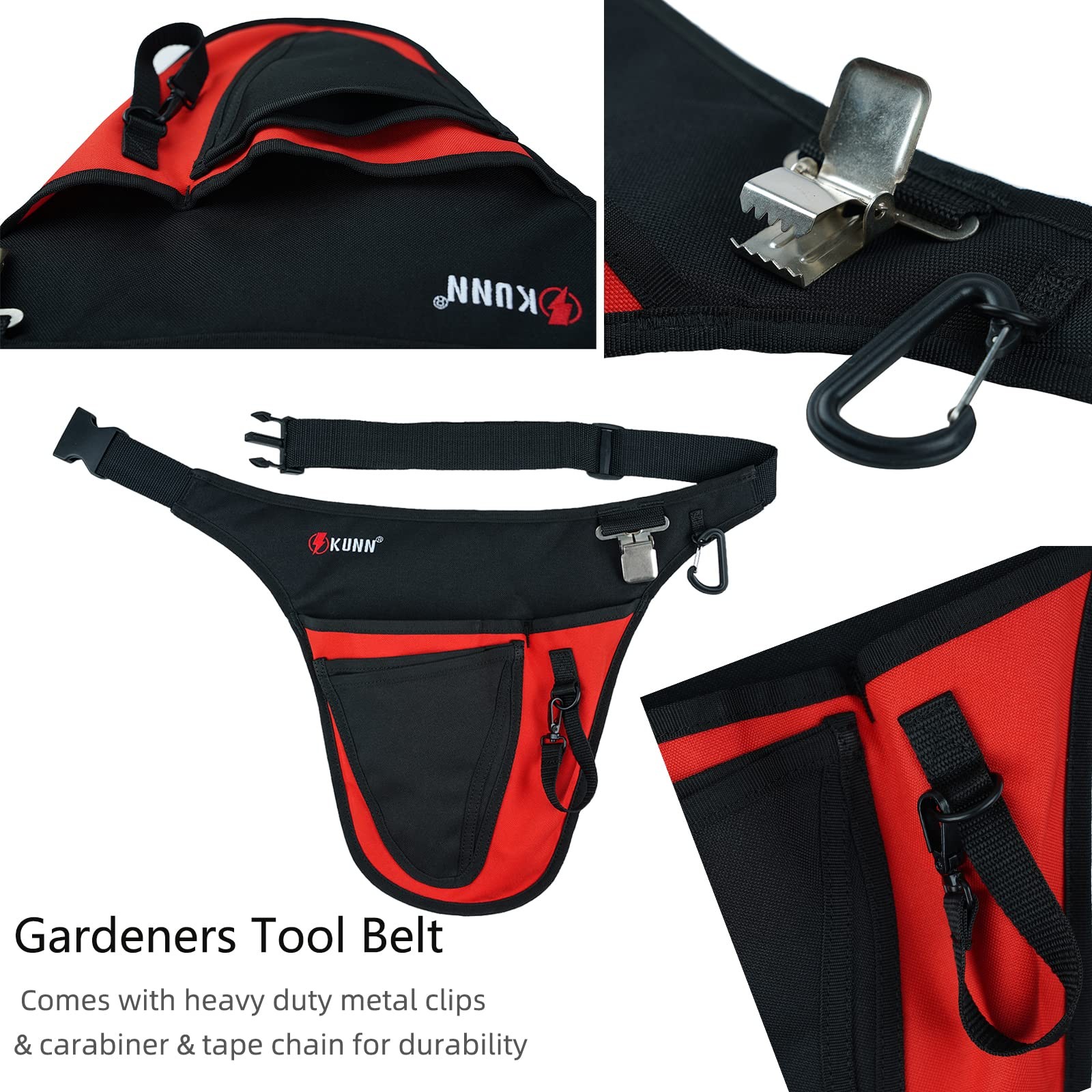 Red Garden Tool Belt with 4 Pockets Durable Adjustable Waist Pouch for Gardeners