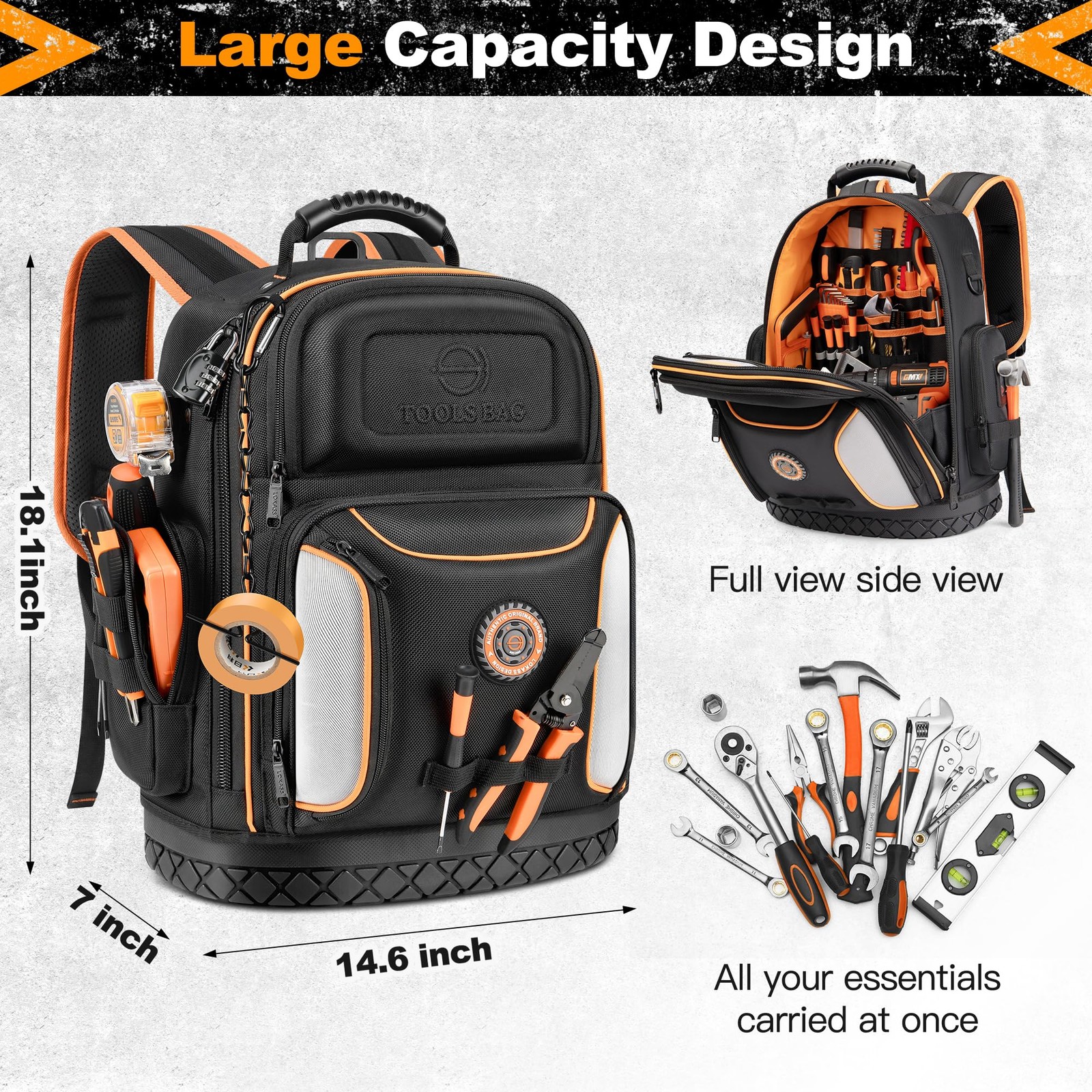 LOKASS 18.1 Inch Tool Backpack, 75 Pockets & 14.6″L x 7″W x 18.1″H, Black