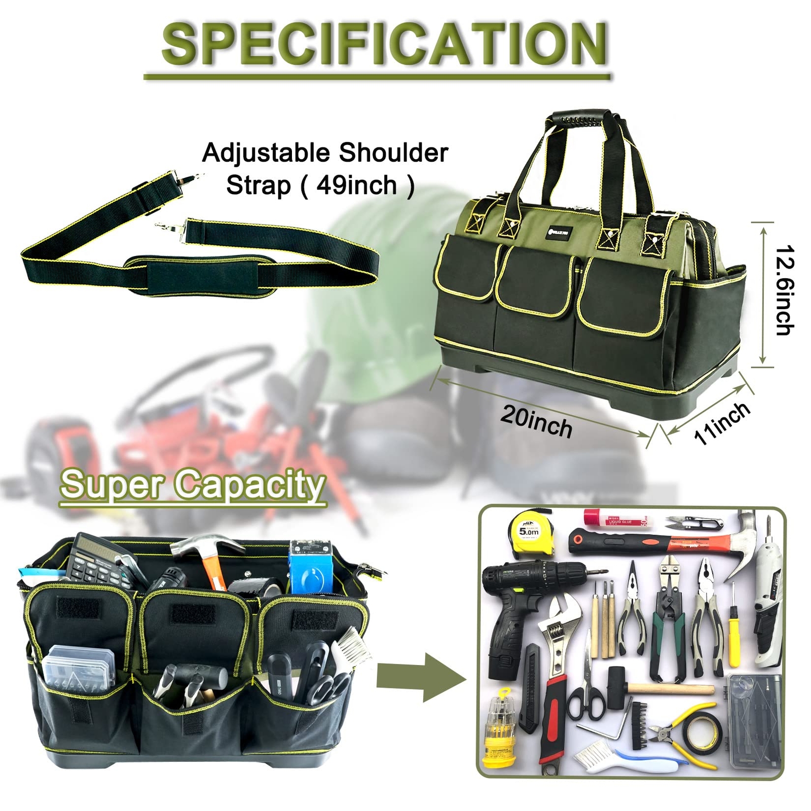 20inch Tool Bag For Men Women Heavy Duty With Waterproof Molded Base Large Tool