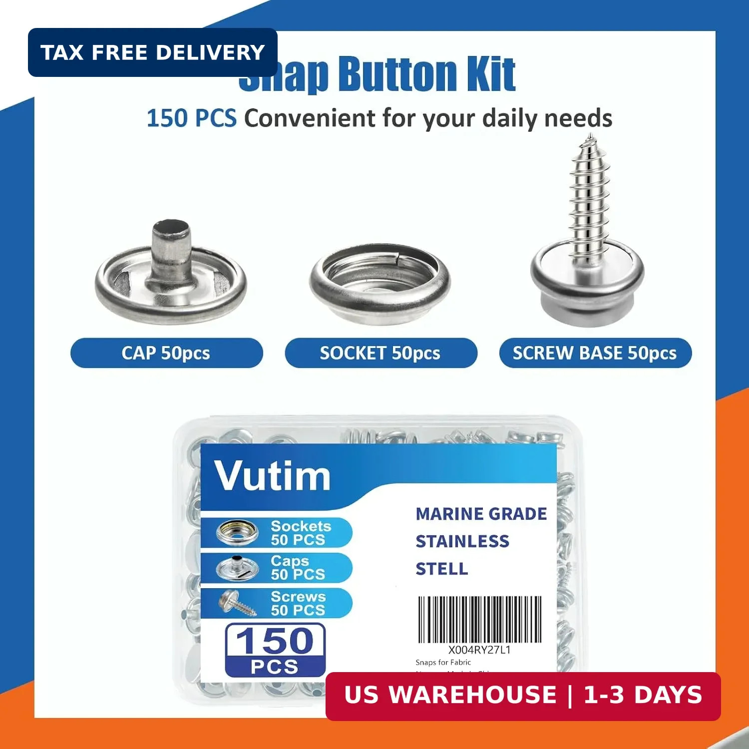 150 PCS Canvas Snap Fastener Tool Set, Vutim Marine-Grade 3/8″ Stainless Steel S