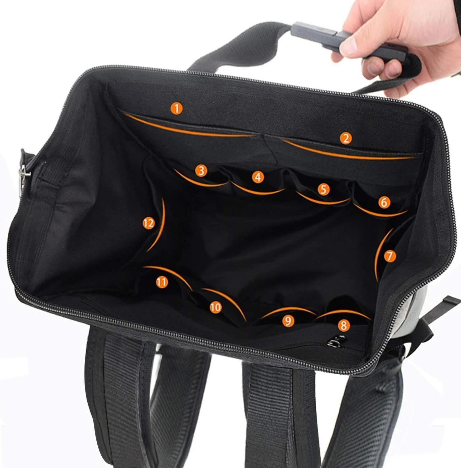 Durable Black Tool Carrier Backpack with 20 Compartments for Tool Organization