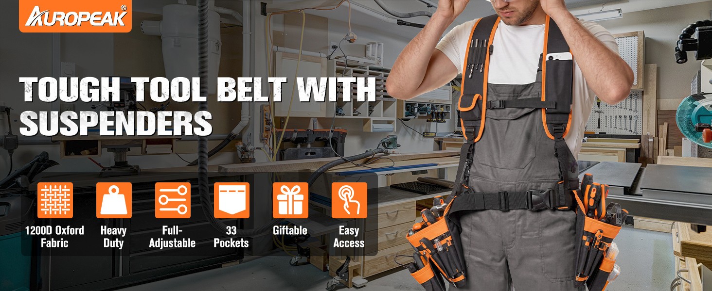 Auropeak 33-Pocket Modular Tool Belt w/ Suspenders (33″-48″ Waist)