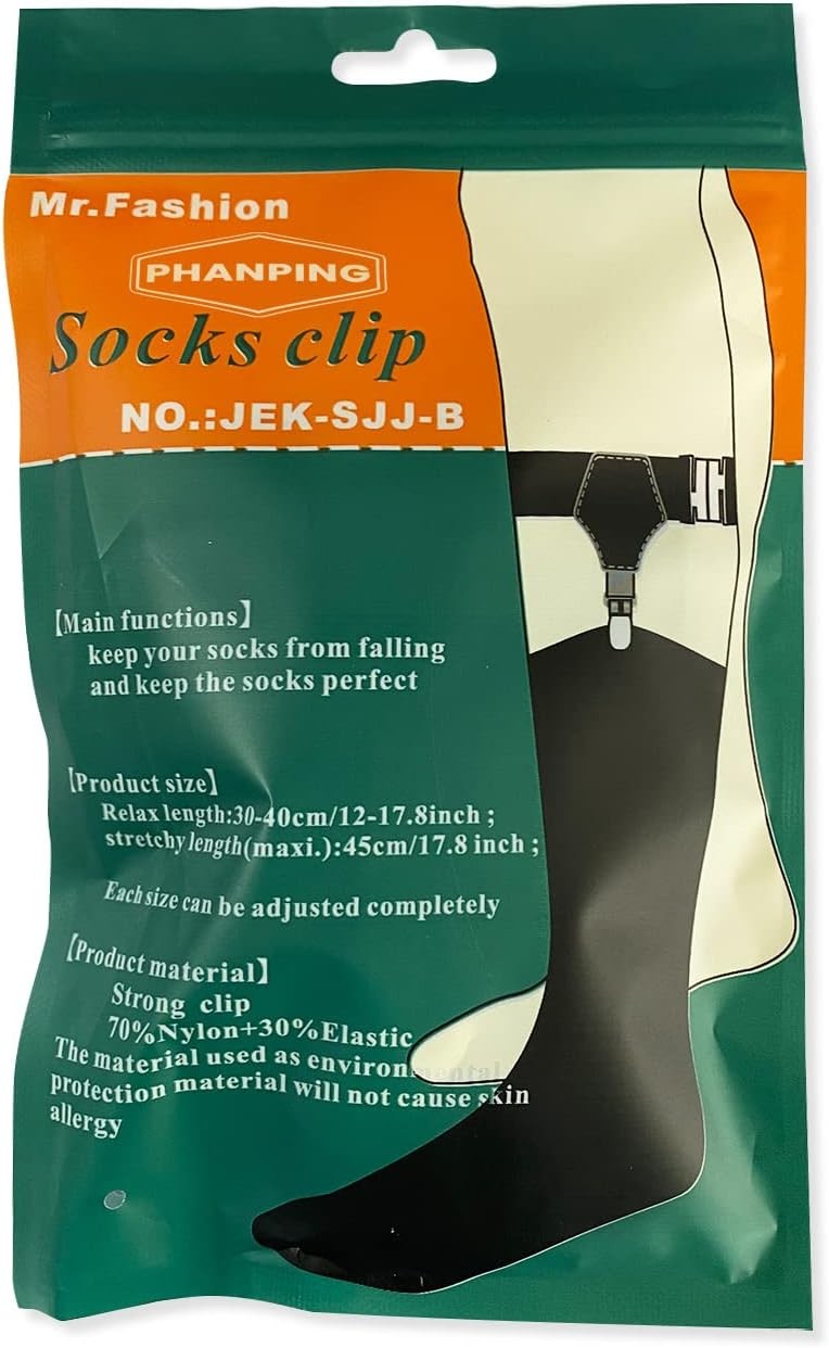 Mens Sock Garters Belt Adjustable 2-pack Sturdy Clip One pair, Black Pair