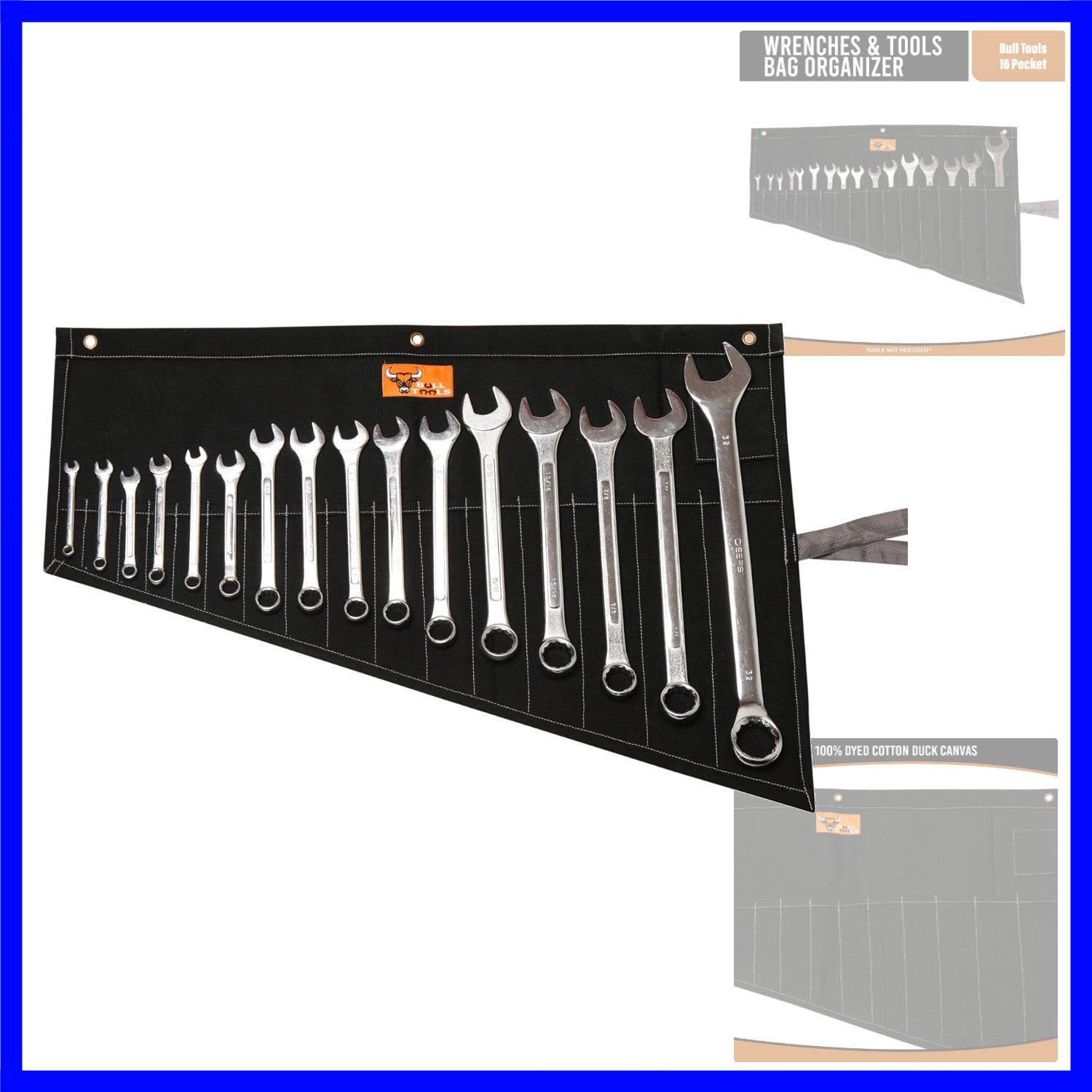 Roll Up Tool Bag Organizer 16 Pockets Metric & SAE Wrench Organizer Heavy Dut…