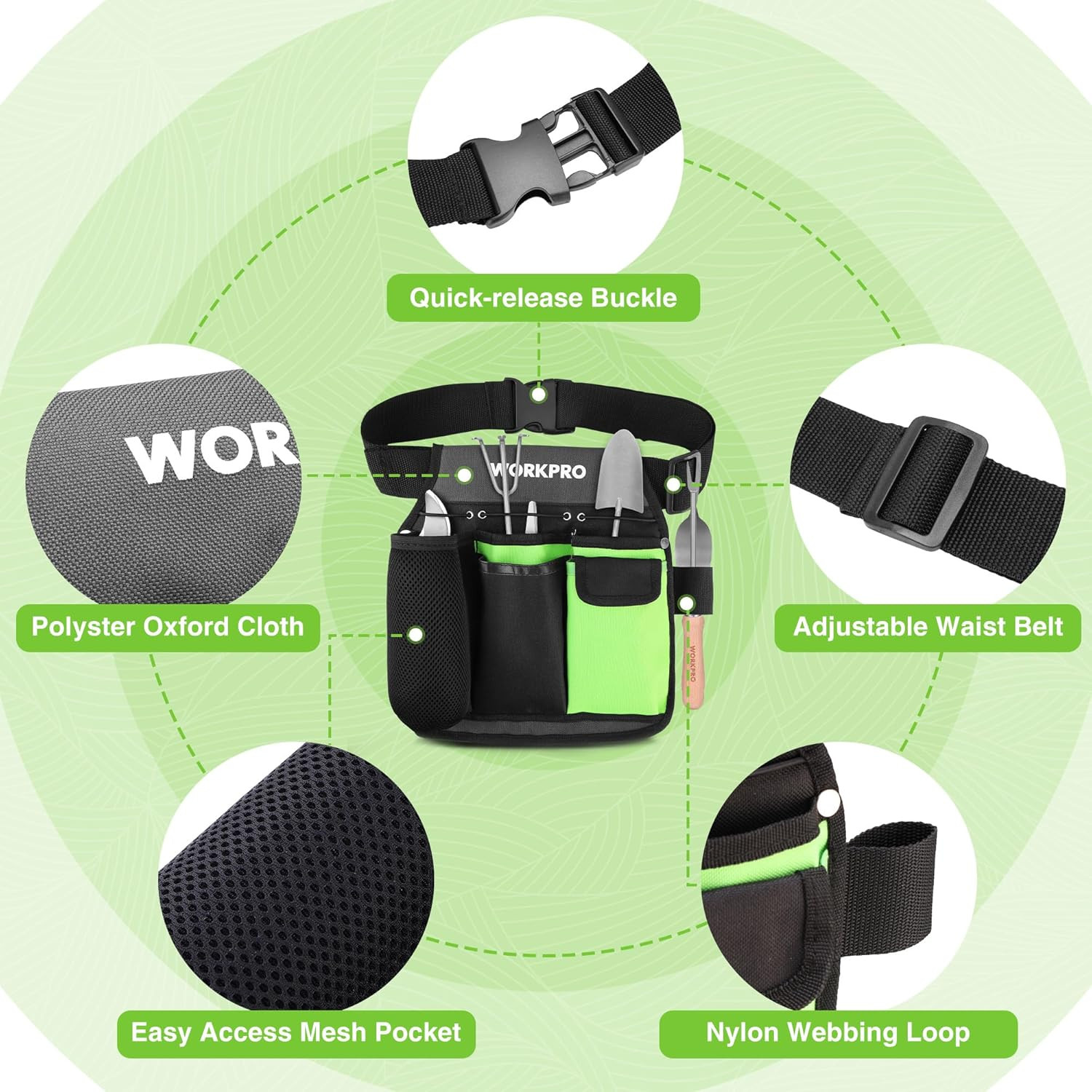 Garden Tool Belt, 5-Pocket Single Side Gardening Tool Pouch with Adjustable Wais