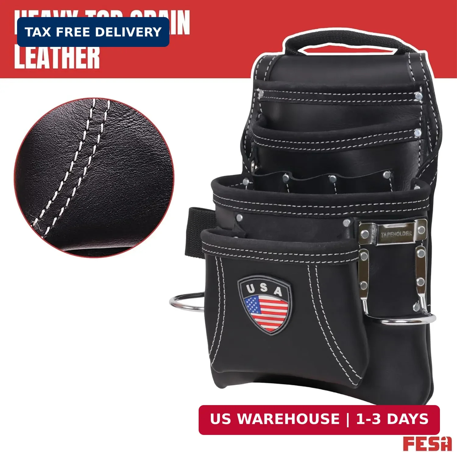FESA Leather Carpenter Tool Pouch – 10-Pocket Heavy Top Grain Leather Carpenter