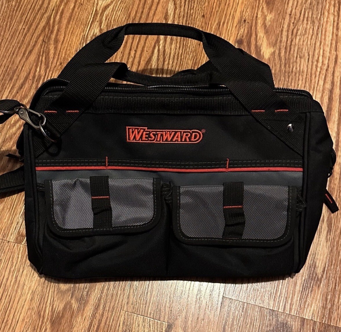 WESTWARD Wide-Mouth Tool Bag, 600d Polyester, 21 Pockets, Black, 32PJ36