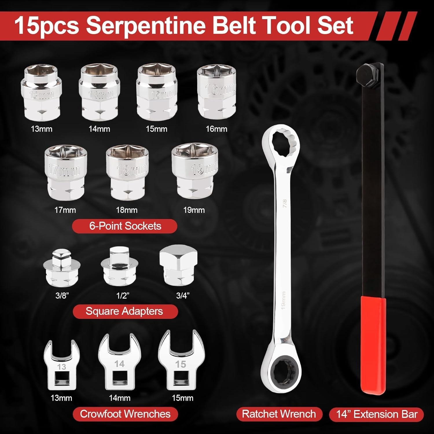 15PCS Chrome Vanadium Serpentine Belt Tool Set for Easy Automotive Maintenance