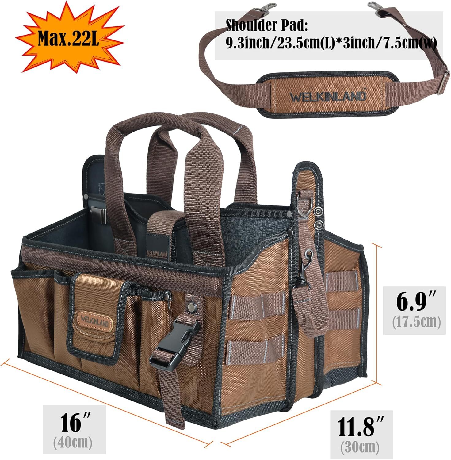 WELKINLAND 20Pockets Tool Tote, Electrician’s Tool Bag, HVAC Tool Bag