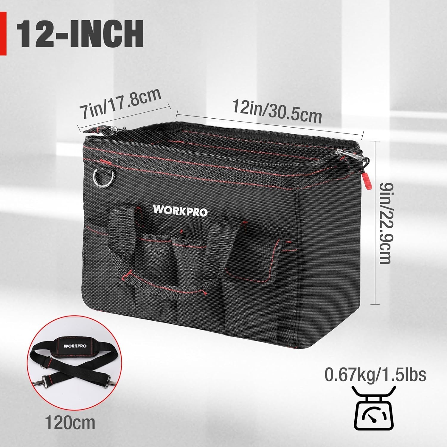 12-Inch Wide Mouth Tool Bag – Heavy-Duty Storage with 7 Pockets & Zipper Access