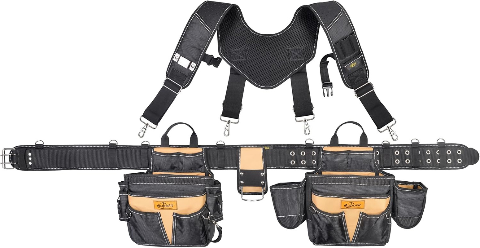 Professional Tool Belt with Suspenders 42 Pockets 1680D Durable Fabric, Heavy Du