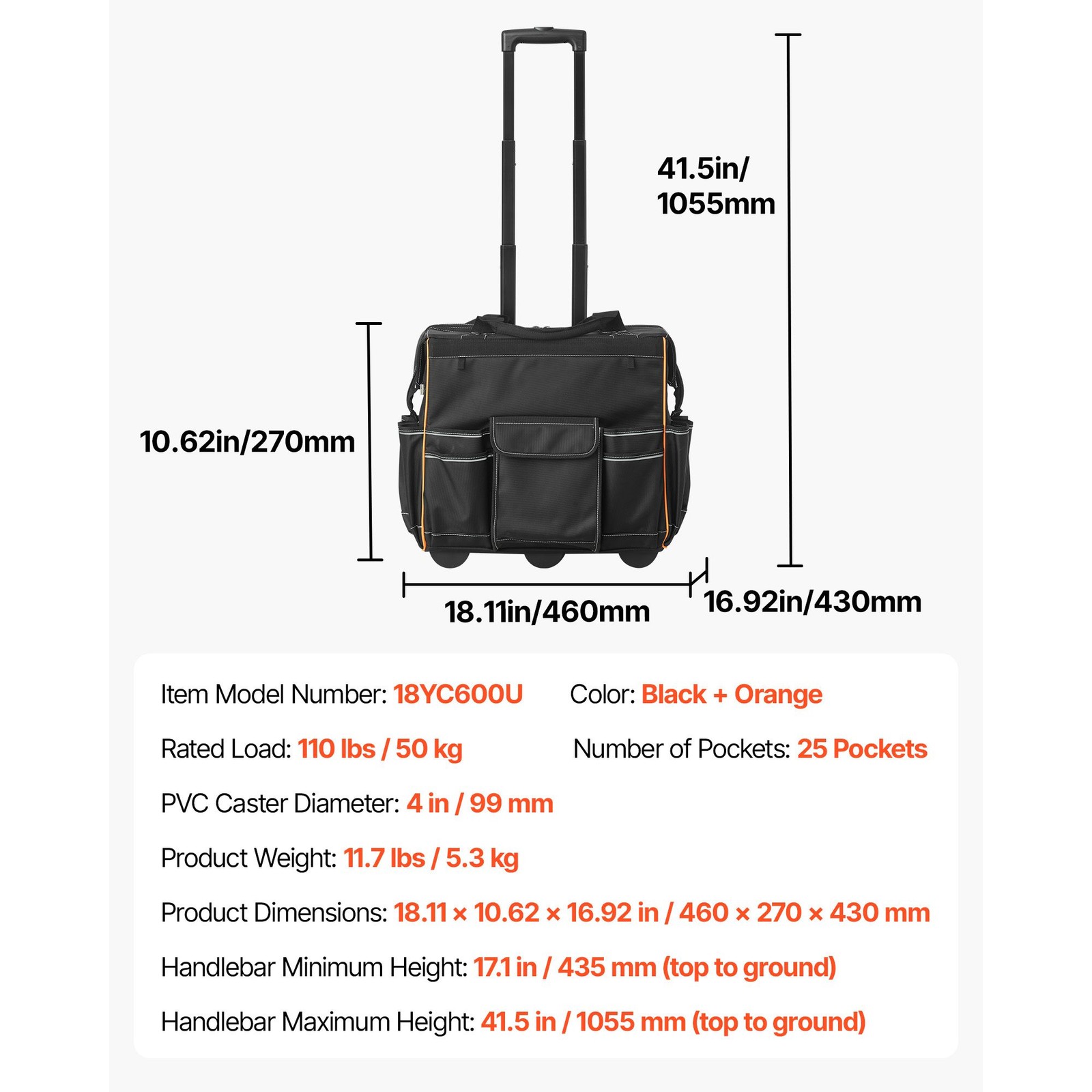 110lb 1680D 25-Pocket Rolling Tool Bag Wheels