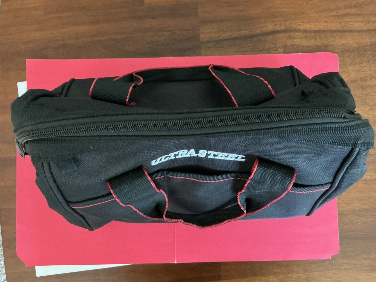 Ultra Steel Tool Bag appx 12 x 8, Black with red stitching