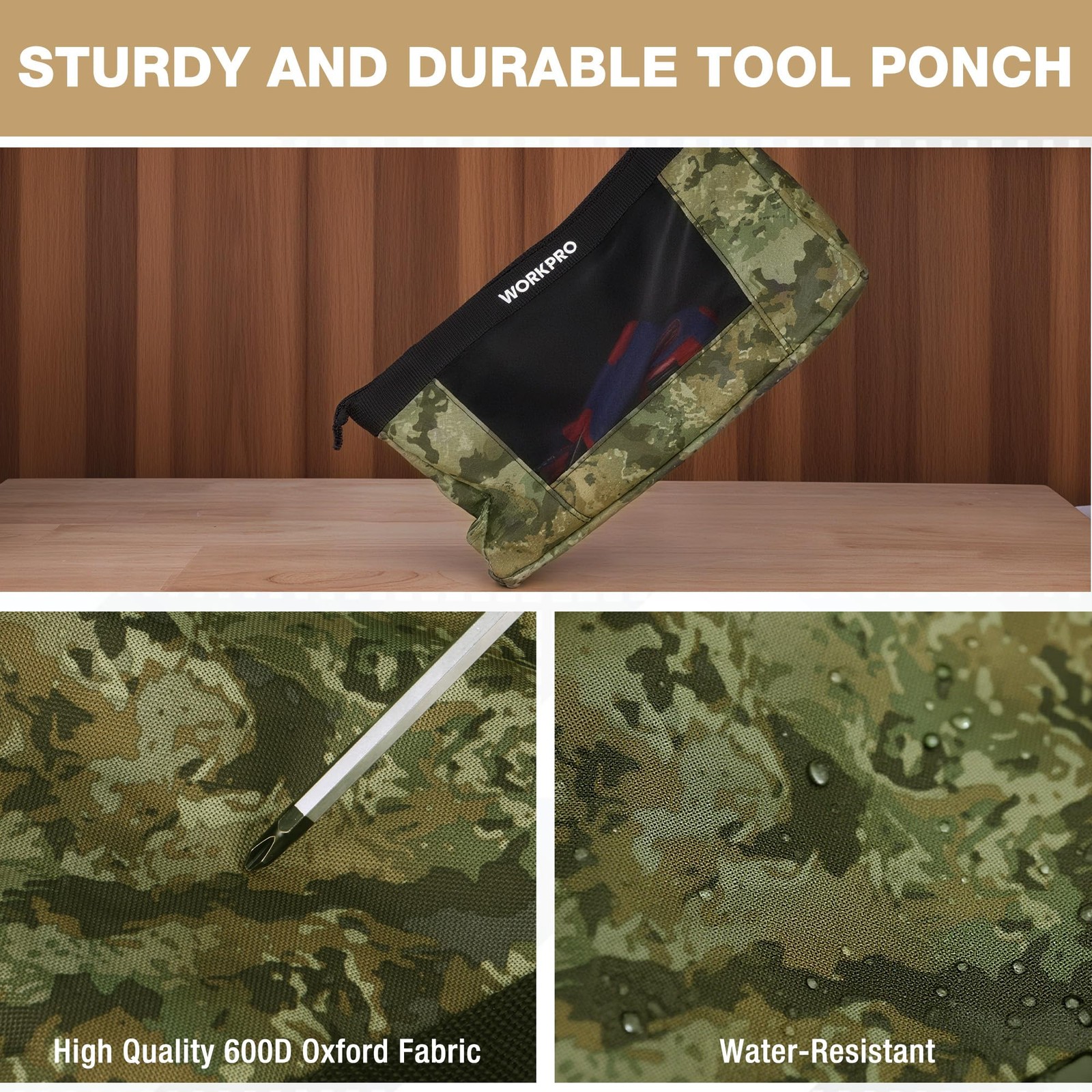Tool Pouch Zipper Heavy Duty 600D Fabric 7×12 Inch Camo 3 Pack Organizer